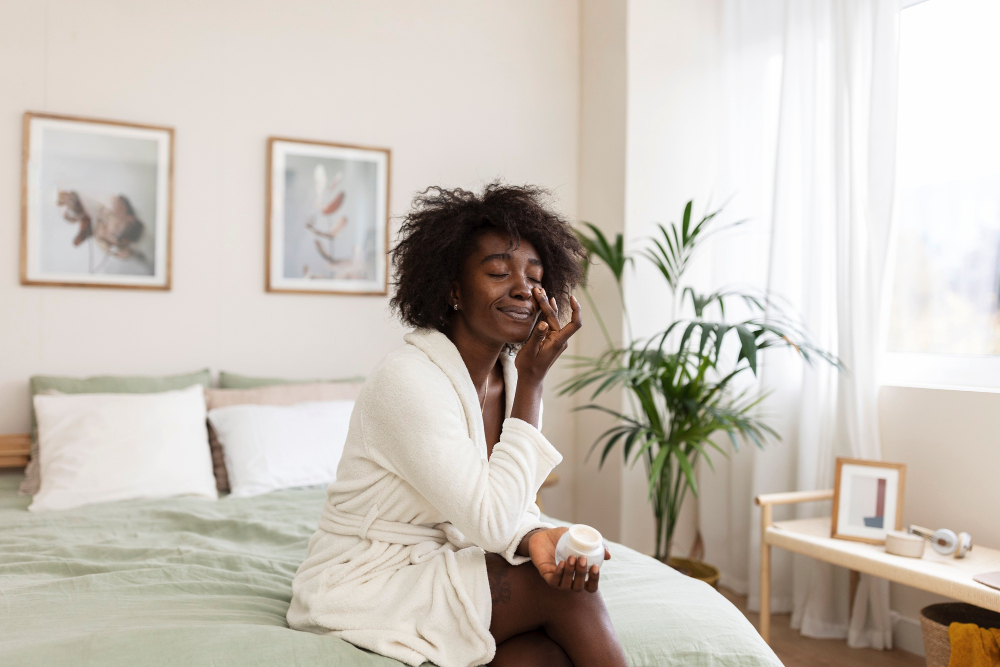 Black woman applying nighttime serum before bed