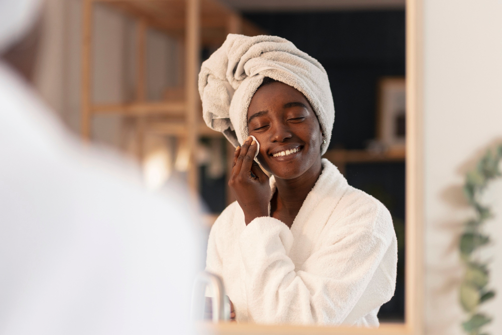Black woman applying toner with cotton pad in front of mirror