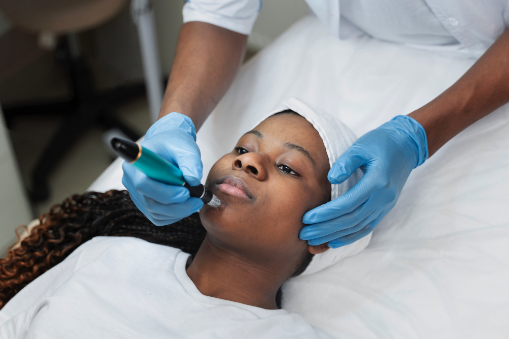 Black dermatologist consulting with patient about hyperpigmentation