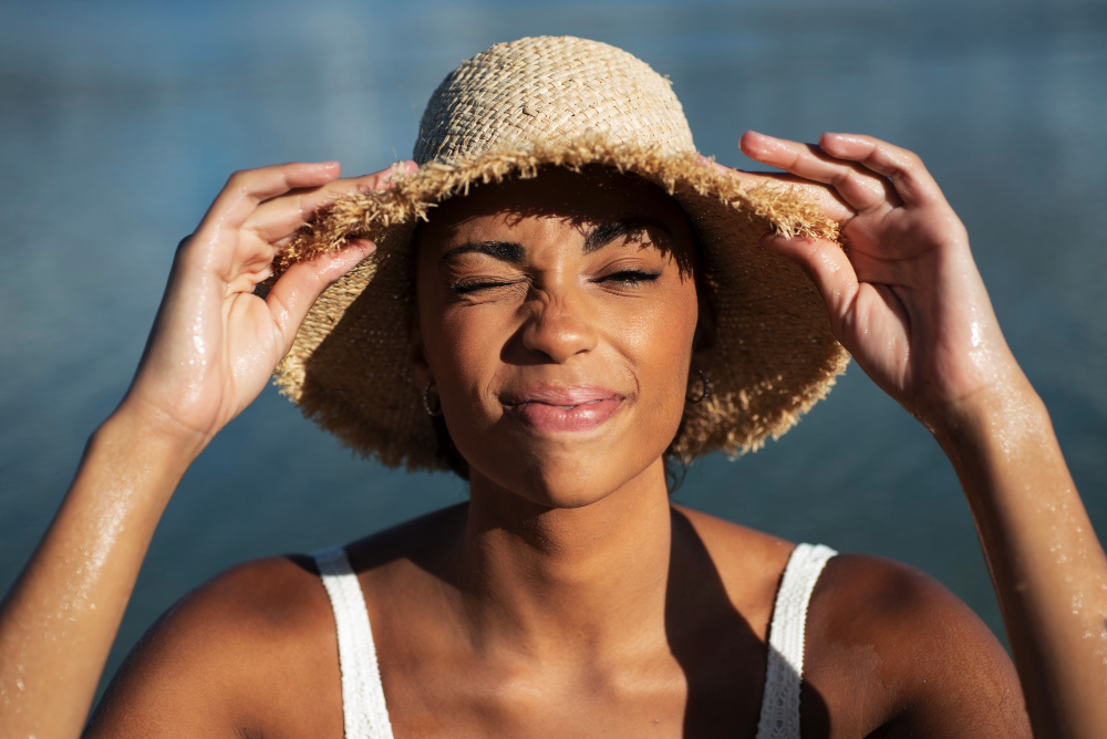 Black woman applying sunscreen with glowing skin in sunlight