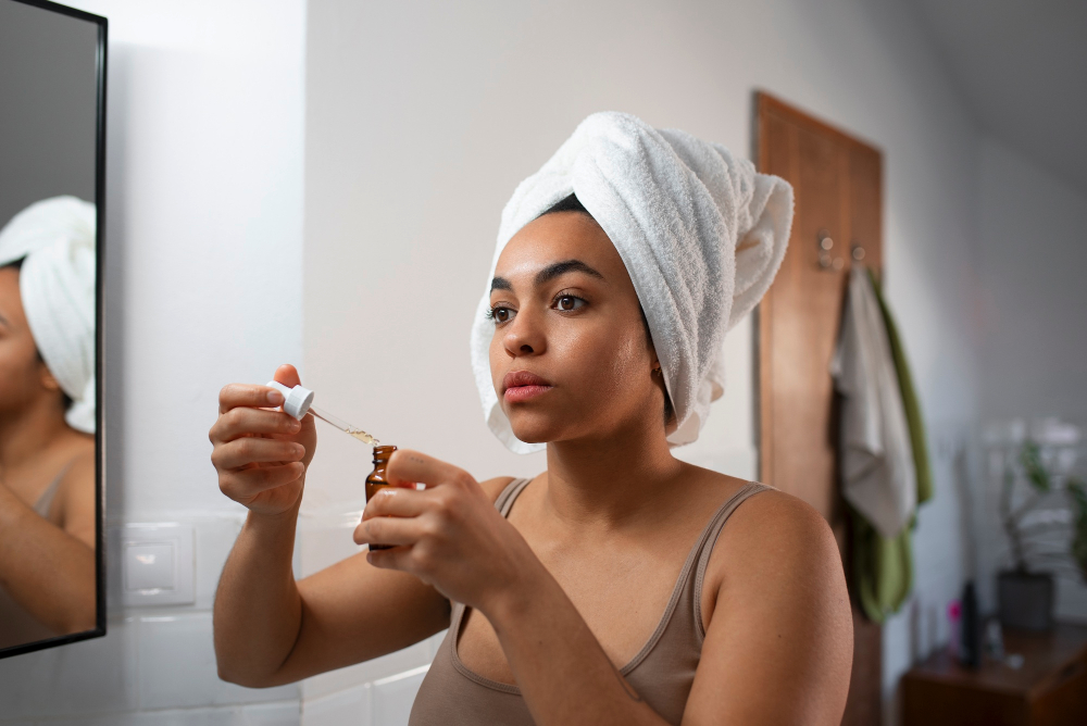 Black woman applying serum to her face at night