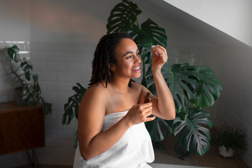 Black woman applying serum with glowing skin in bathroom mirror