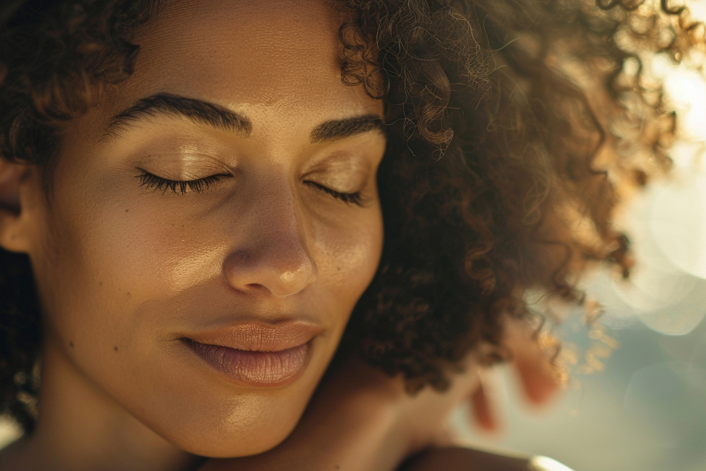 Black woman smiling with radiant skin after applying tinted sunscreen