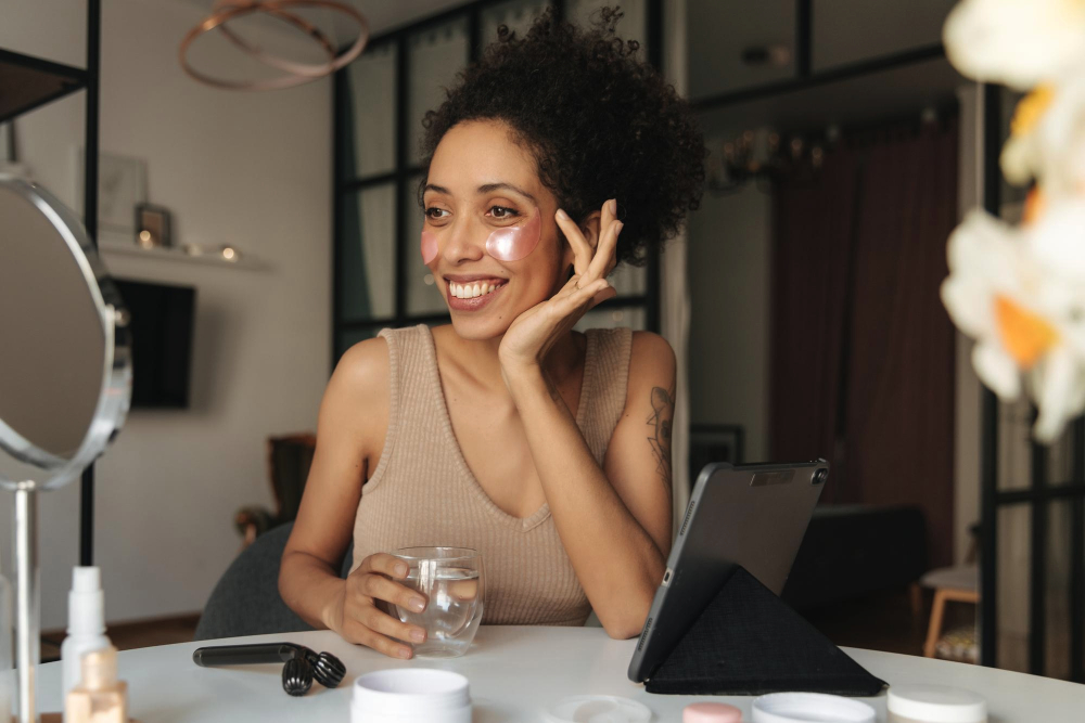 Black woman applying moisturizer and smiling in front of mirror